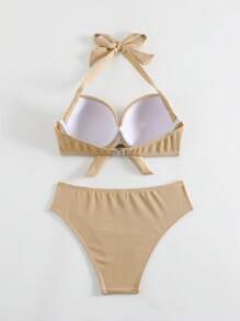 SHEIN Swim 夏季海滩女士吊带聚拢比基尼套装婚礼 - 米色 - 查看 5