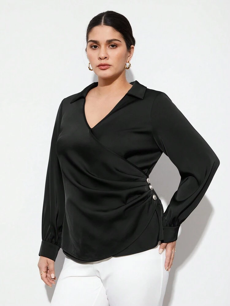 Plus Size Women'S Turn-Down Collar Pleated Long-Sleeved Shirt