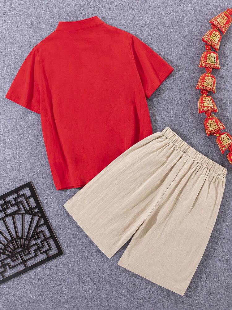 Tween Boy Chinese Frog Button Dancing Lion Print Shirt And Solid Shorts Set