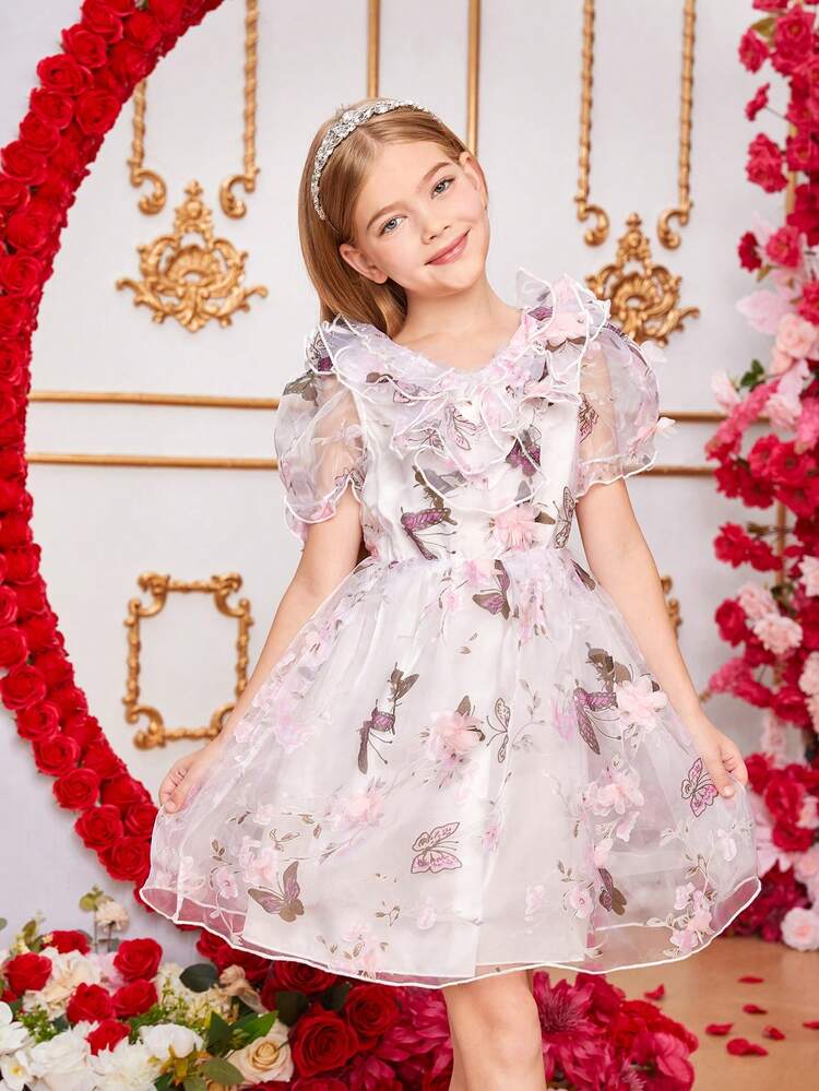 Tween Girls' Elegant Butterfly Printed Organza Princess Dress With Puffy Dress