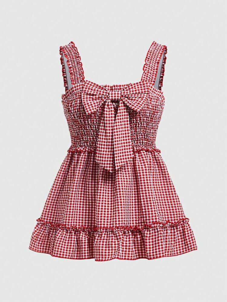 Plaid-Patterned Bowknot Decorated Babydoll Cami Top, School
