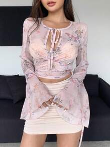 DAZY Áo sơ mi tay loe in hoa dành cho nữ kèm cà vạt, quần áo mùa thu, áo thun tay dài họa tiết - Nhiều màu - Xem 6