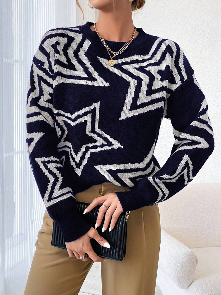 Women's Star Pattern Round Neck Drop-Shoulder Sweater, Knit Pullover Fall Winter