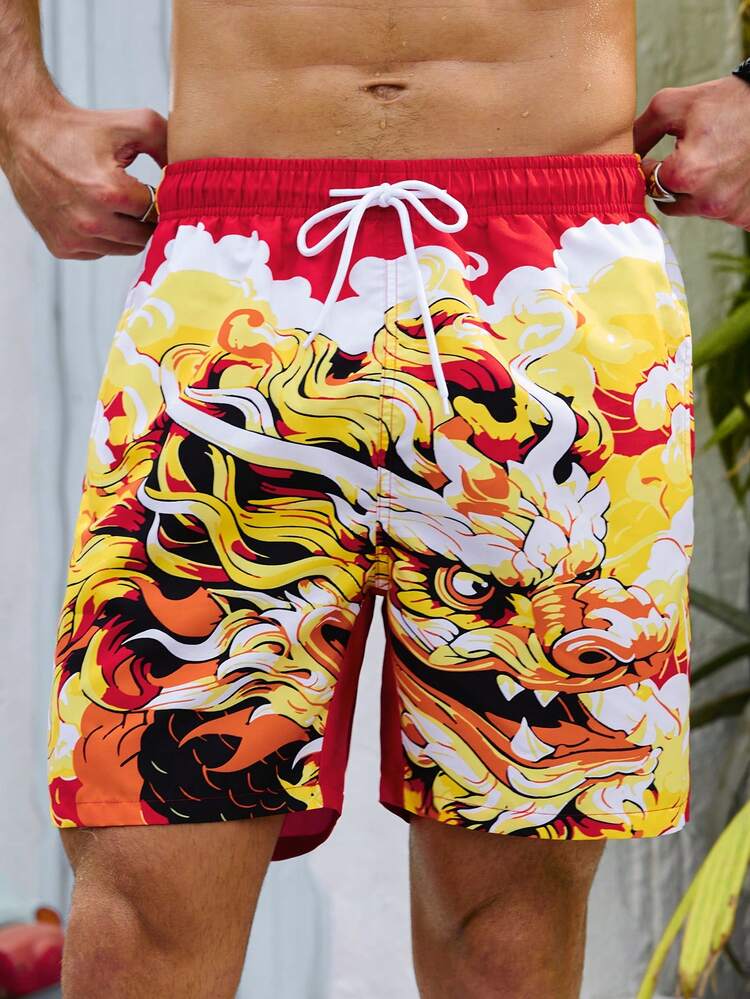 Men'S Dragon Printed Drawstring Waist Beach Shorts