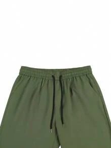 Manfinity Homme 男士绿色带口袋慢跑裤，纯色橄榄绿色长款抽绳休闲裤，适合丈夫、男朋友的礼物，男士橄榄绿色慢跑裤，男士绿色裤子，男士慢跑裤 - 軍綠色 - 查看 5