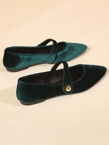 女士尖頭絨面平底鞋配金屬扣,百搭時尚 - 墨綠色 - 查看 8