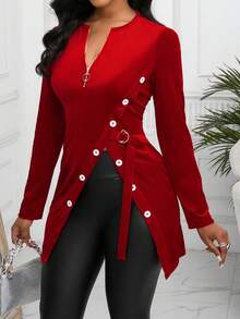 SHEIN Lady 半拉鍊閉合的鈕扣裝飾側開叉下擺t恤衫