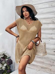 Breezaya Quý cô Màu thuần Rỗng Áo len dệt kim Đầm - màu nâu - Xem 3
