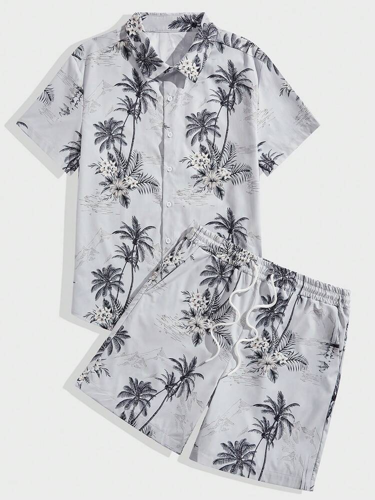 Men'S Plus Size Palm Tree Print Short Sleeve Shirt And Shorts Set