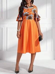 SHEIN Lady Ladies' Printed Patchwork Cold-Shoulder Dress