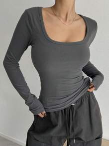 DAZY Women's Square Neck Long Sleeve T-Shirt,Back To School Clothes - Dark Grey - View 5
