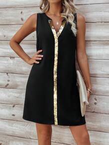 SHEIN LUNE 女士寬鬆拼接亮片凹口領連衣裙