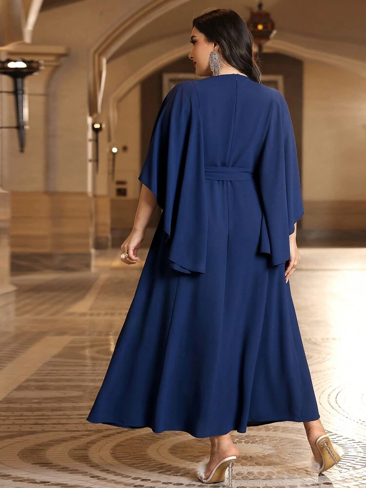 Plus Size Rhinestone Decorated Patchwork Cape Sleeve Jalabiya Dress With Woven Belt, Elegant Luxury Evening Party Style