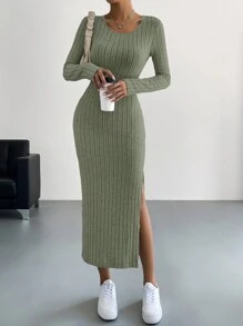 SHEIN Essnce Vestido De Abertura Con Costillas Para Mujer - Verde - Ver 6