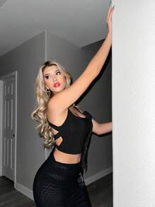 Sweetina Women's Black 3d Flower Crossed Backless Crop Top With Knot - Black - View 4