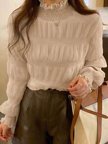 女士纯色荷叶边领长袖宽松衬衫，春秋季 - 杏色 - 查看 3