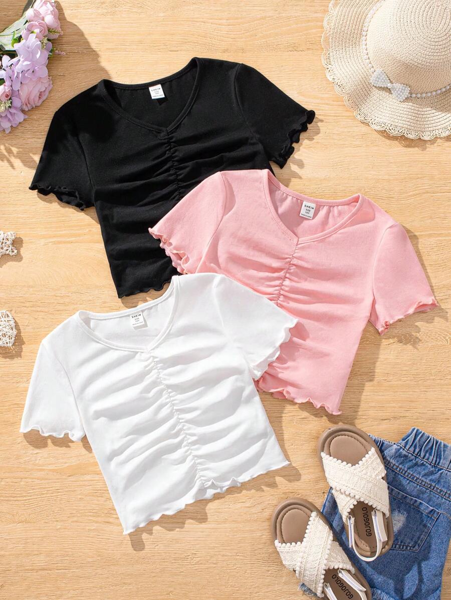3pcs/Set Tween Girl Knitted Solid Color Pleated Short Casual T-Shirt - Multicolor - View 1
