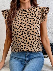 SHEIN LUNE 圆领荷叶袖衬衫，饰有荷叶边和通体印花 - 彩色 - 查看 1