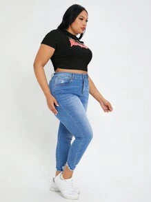 SHEIN SXY Rozmiar Plus Damski Krótki Rękaw Szczupły Litera Nadrukowany Koszulka