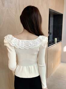 DAZY Women Sweaters Kontras Lace Ruffle Ruffle Hem Plain Casual - Aprikot - View 7