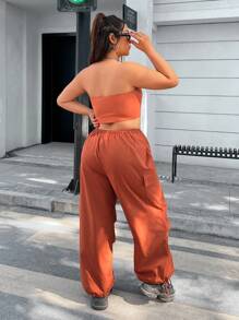 SHEIN EZwear CURVE 女士加大碼連身工裝褲,帶有字母補丁上衣和錐形褲管 - 鏽棕色 - 查看 2