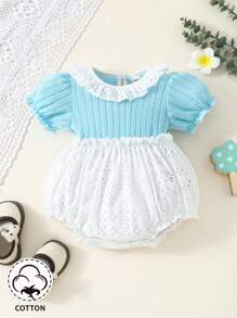Baby Girl Blue Knitted White Ruffle Trimmed Bodysuit For Spring And Summer - Multicolor - View 1