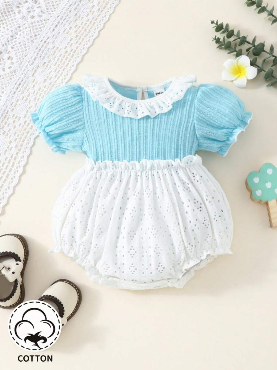 Baby Girl Blue Knitted White Ruffle Trimmed Bodysuit For Spring And Summer - Multicolor - View 1