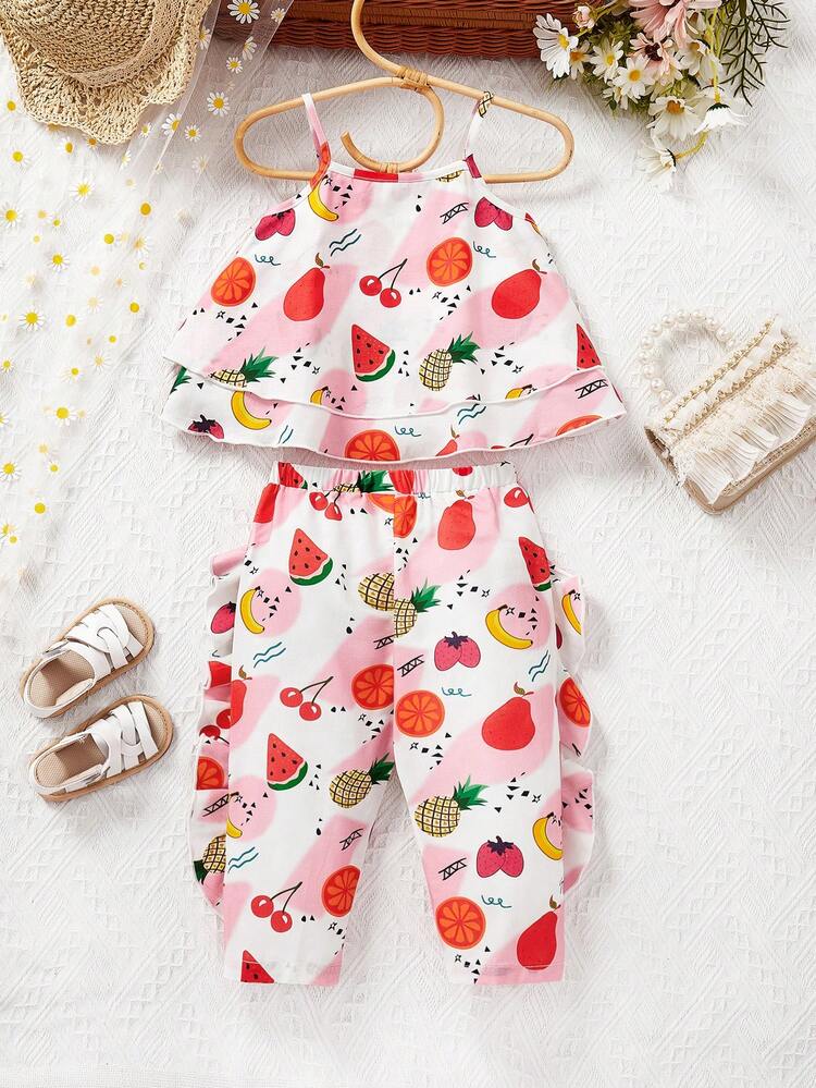 Baby Girl'S Casual Cute Cartoon Fruit Pattern Ruffled Strap Tank Top And Long Pants Set