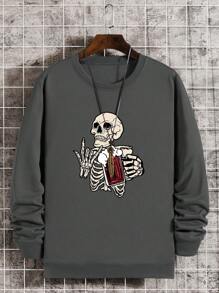 Men's Skull Pattern Long Sleeve Pullover Sweatshirt, For Halloween - Dark Grey - View 4