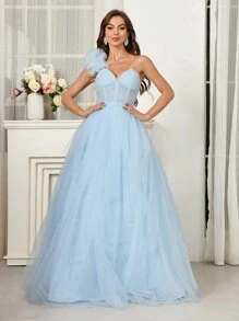 SHEIN Belle Floare tridimensională pentru femei, cu un singur umăr, cu talie în piept, subțire, în os de pește, îndoire manuală, asimetrică mare, plasă leagăn, prințesă, rochie de cină sexy, rochii de bal femeie formale - Bleu - Vizualizare 7