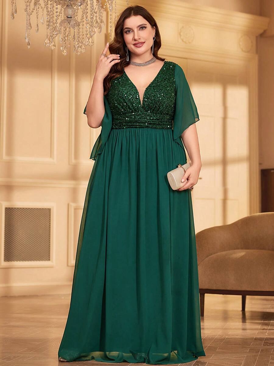 Plus Size Glitter Splicing Chiffon Formal Dress - Dark Green - View 1