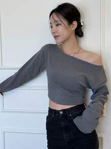 DAZY Áo thun nữ dài tay ngắn màu trơn, quần áo mùa thu thời trang thanh lịch - Xám - Xem 4