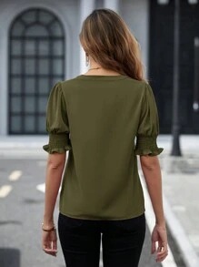 SHEIN Clasi Women's Solid Color Notched Collarline Puff Sleeve Blouse - Army Green - View 2