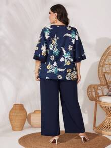Mulvari Plus Size Women'S Botanical Print Top And Pants Set 2 Pieces Set - Multicolor - View 2