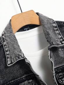 Manfinity Homme Men's Distressed Long Sleeve Denim Jacket , Dark Cotton Plain Black Party Grunge Rapper Going Out Vacation National Park Urban Gym, For Fall