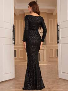 Black Long Sleeve Sequined Evening Dress Elegant Formal Prom Wedding Guest Gown, For Graduation, Dinner Party Dress - Black - View 3