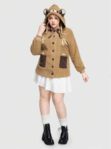ROMWE Kawaii Của phụ nữ Áo trùm đầu Với Thêu Gấu - Màu Khaki - Xem 1