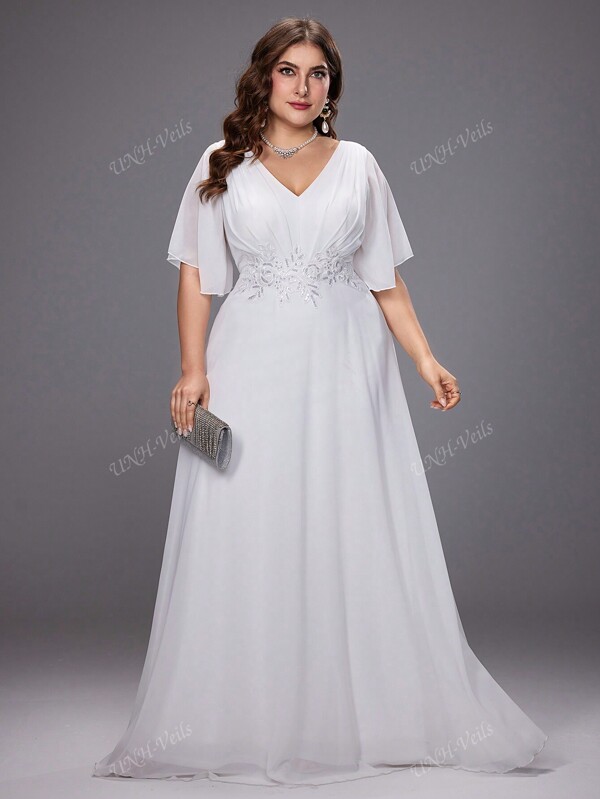 UNITHORSE Abito da festa bianco con scollo a V, vita ricamata e dress a forma di Gown, adatto a taglie forti, per donne