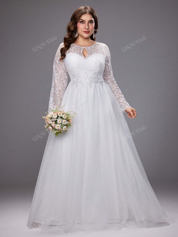 UNITHORSE Plus Size Women'S Elegant Lace Flowers Long Sleeve Mesh Wedding Dress With Gorgeous Dress, All White Party Outfit Women