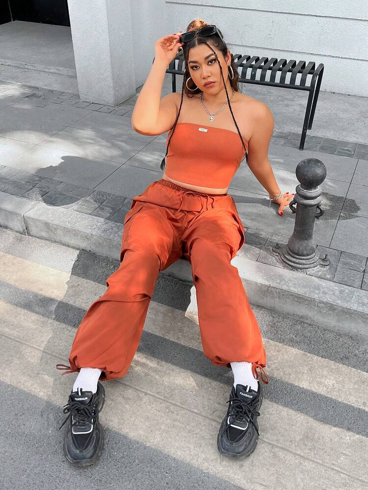 Women's Plus Size Overalls Jumpsuit With Letter Patch Top And Tapered Pants