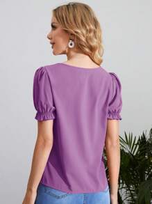 SHEIN Clasi Ladies' Hollow Out Puff Sleeve Solid Color Shirt - Violet Purple - View 2