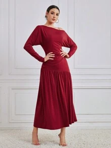 Modelyn 勃艮第红女士纯色不对称领口褶皱上衣和裙子套装 2 件套 - 酒紅色 - 查看 7