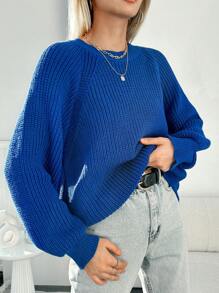 EURMUSE Pulover de damă cu mâneci raglan, de dimensiuni mari, uni - Albastru regal - Vizualizare 6