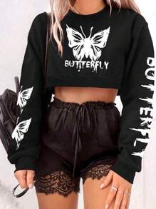 SHEIN Essnce 女性蝴蝶與字母印花短款運動衫 - 黑色 - 查看 1