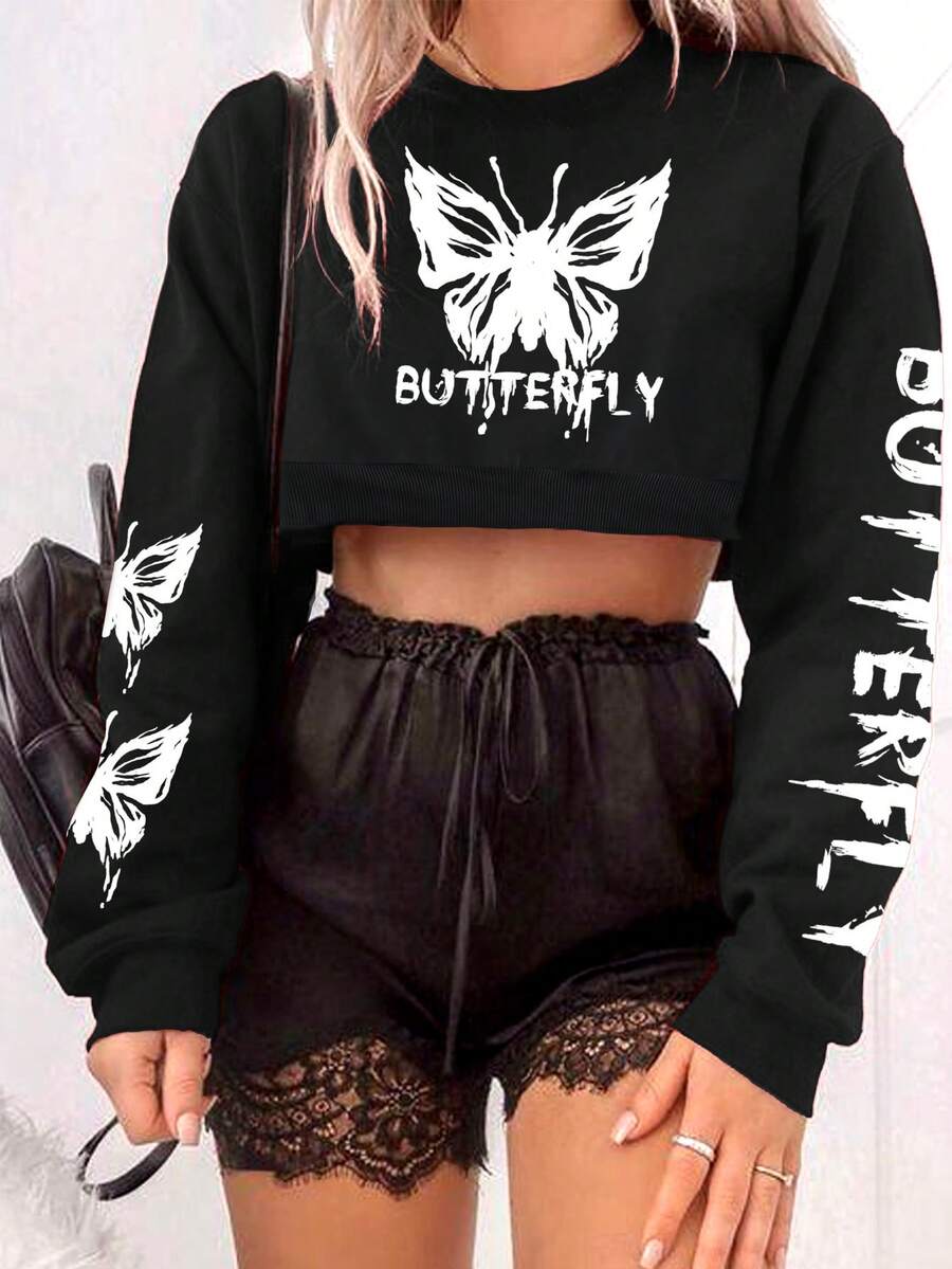 SHEIN Essnce 女性蝴蝶與字母印花短款運動衫 - 黑色 - 查看 1