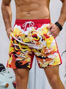 Surfspeed Short De Plage À Taille À Cordon Et Imprimé De Dragon Pour Hommes - Jaune citron - Voir 3