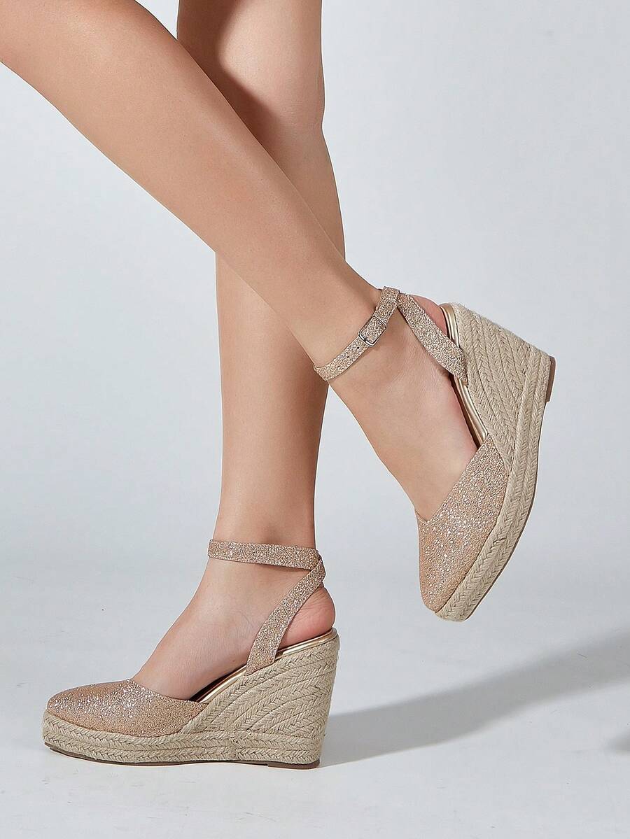 Women's Rose Gold Metallic Glitter Surface Woven Jute Bottom Hollow Out Wedge & Platform Sandals - Rose Gold - View 1