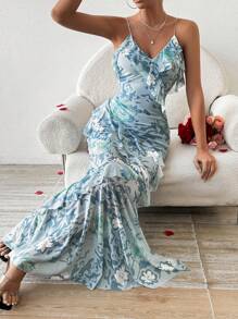 Breezaya 花卉印花荷葉邊 V 領細肩帶洋裝 - 藍色 - 查看 6