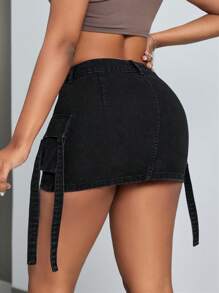 SHEIN SXY Ladies' Solid Color Cargo Style Denim Mini Skirt - Black - View 2