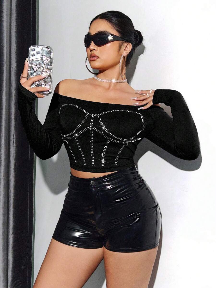 SHEIN ICON Plus Size Off-Shoulder Long Sleeves Cropped T-Shirt - Black - View 1